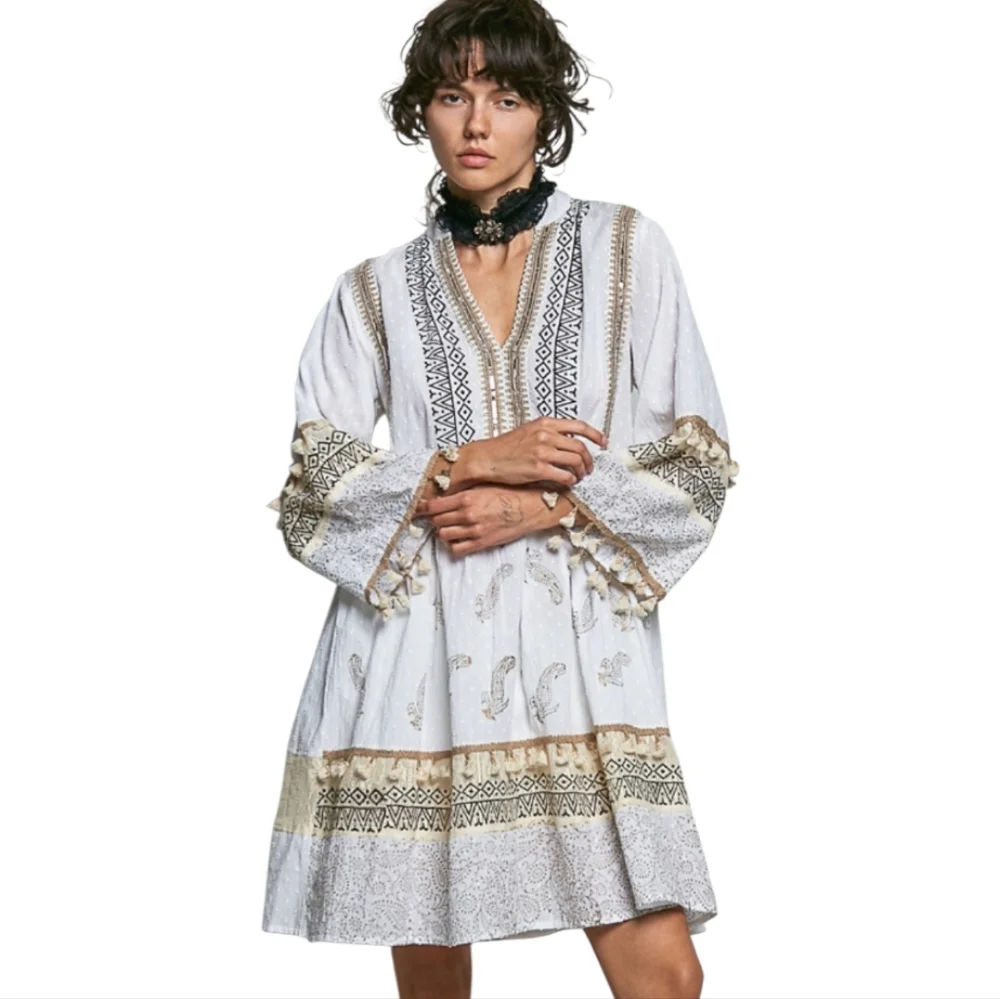 NS27. POL BOHEMIAN TASSELS NEUTRAL COTTON DRESS - Picture 1 of 4